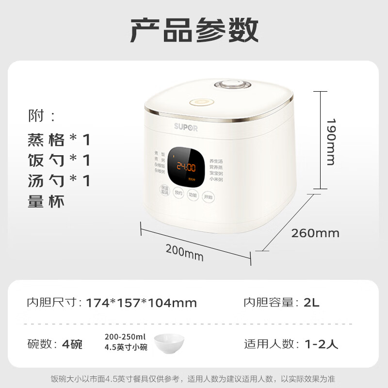 SUPOR mini 2 liter large capacity household 1-2 people smart multi-function rice cooker rice cooker 0-coated 304 stainless steel inner pot SF20FC945A micro pressure