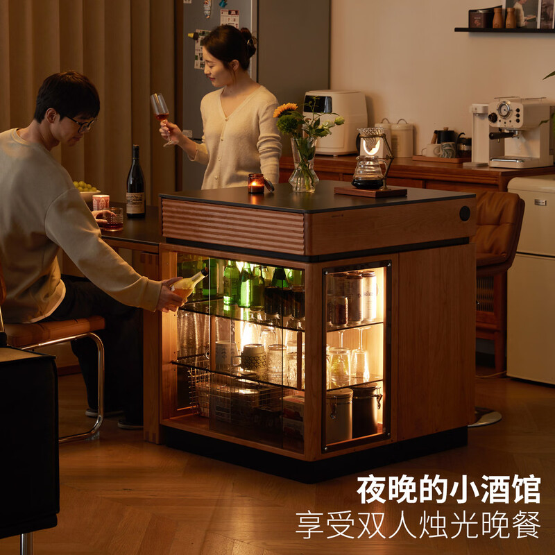 Genji Muyu solid wood dining table multi-functional bar table restaurant retro cherry wood side cabinet 0.8m pure black slate island