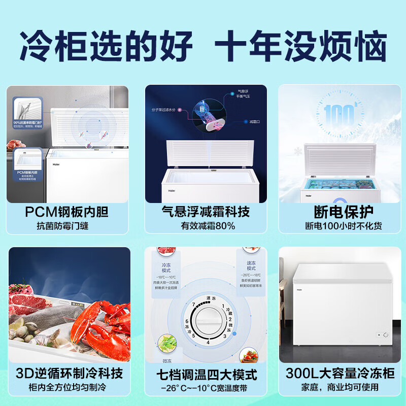 Haier Freezer Commercial Large Capacity Household Refrigerator Dual-Purpose Freezer Refrigeration and Freezing 300L or More Level One Energy Efficiency Energy Saving Horizontal Low Temperature Full Freezing Quick Freezing Preservation Cabinet Upgraded Frost Reducing Level One Energy Efficiency + PCM Antibacterial Liner 300L