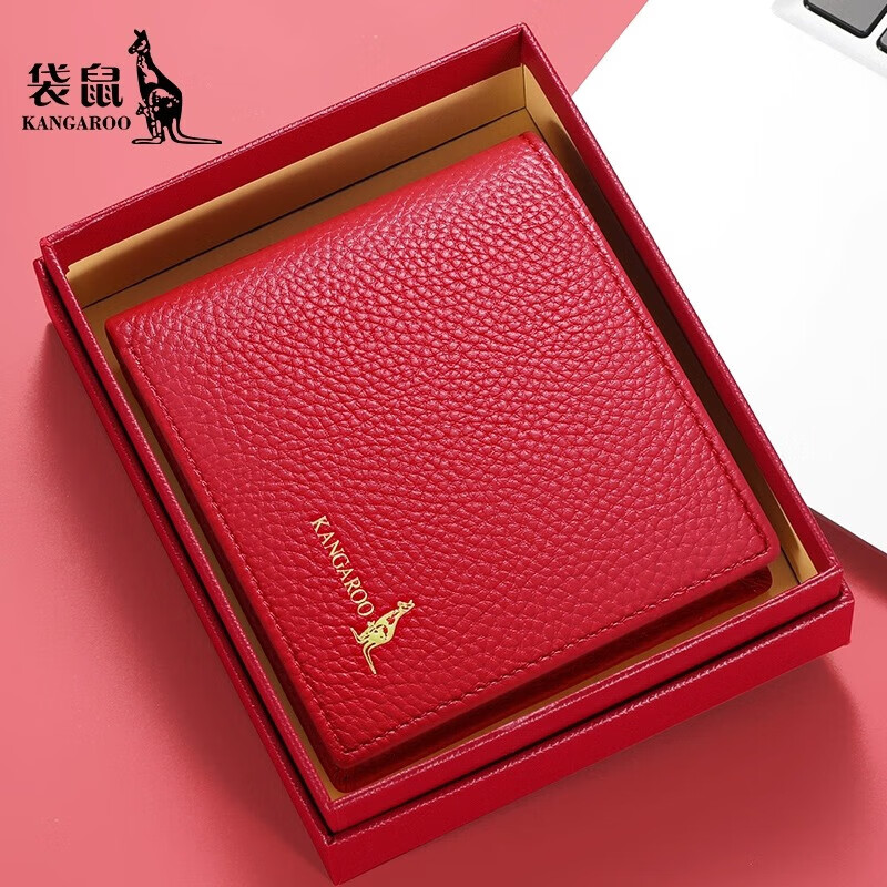 Kangaroo Women's Wallet Genuine Leather Short Wallet 2025 New Style Small Cute Simple Student Thin Folding Wallet Coin Purse Red
