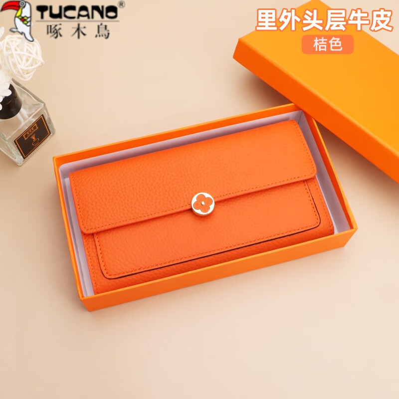 Woodpecker (TUCANO) new 2025 niche design genuine leather long wallet women's fashion clutch large capacity wallet for mobile phone orange (first layer of cowhide inside and outside)