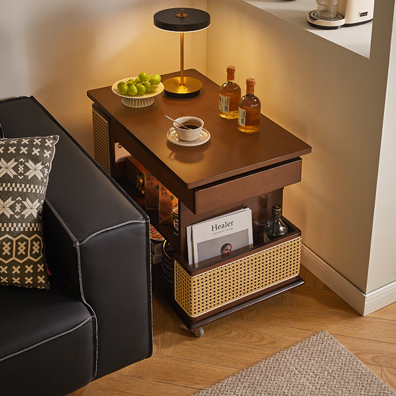 Ruifan solid wood movable coffee table, sofa, side table, liftable side cabinet, small apartment side table, living room, multi-functional trolley