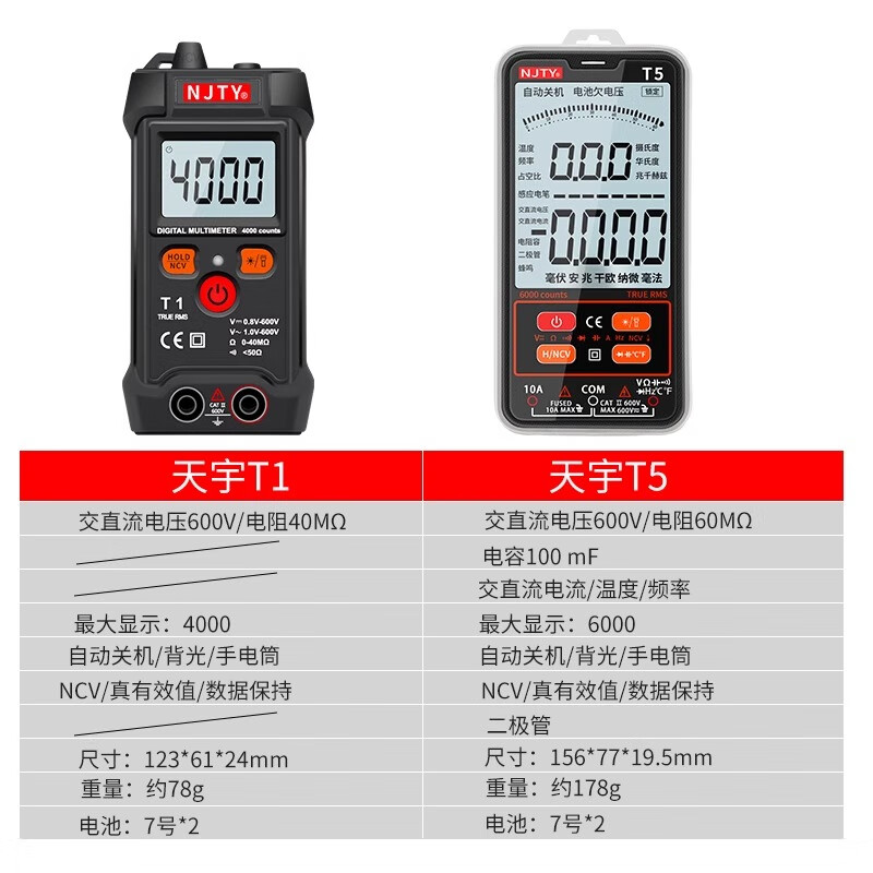 NJTY Nanjing Tianzi T1 fully intelligent digital multimeter does not require shifting T5 high-precision anti-burn fully automatic multimeter T1 standard delivery cloth bag