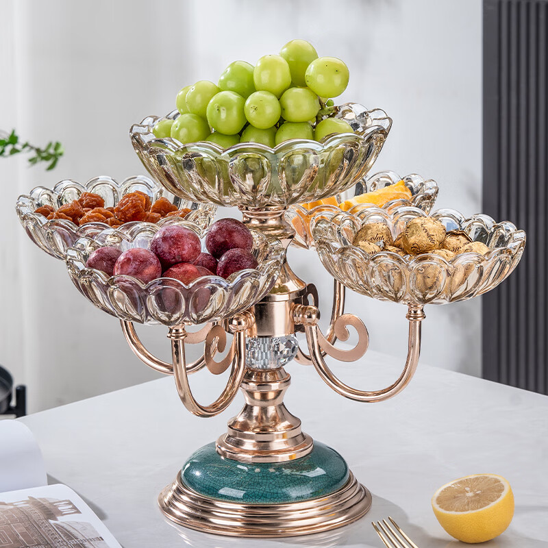 Flower Language Four Seasons European Crystal Glass Multi-layer Rotating Fruit Plate Modern Home Living Room Coffee Table Luxurious Snack Candy Plate Ornaments Five-Connect Plate Ceramic Base Rotatable