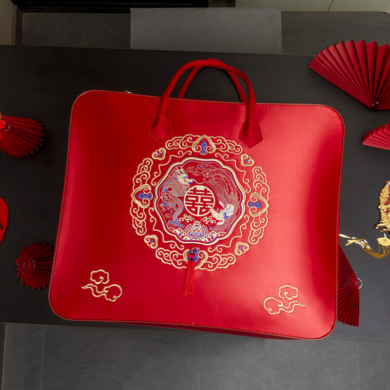 Miaopule high-end wedding four-piece set of packaging bags, wedding dowry, red wedding quilt, cotton quilt storage bag, Dragon and Phoenix Chengxiang (double handles, hand embroidery), extra large size 60*50*35 (8-12 catties quilt)