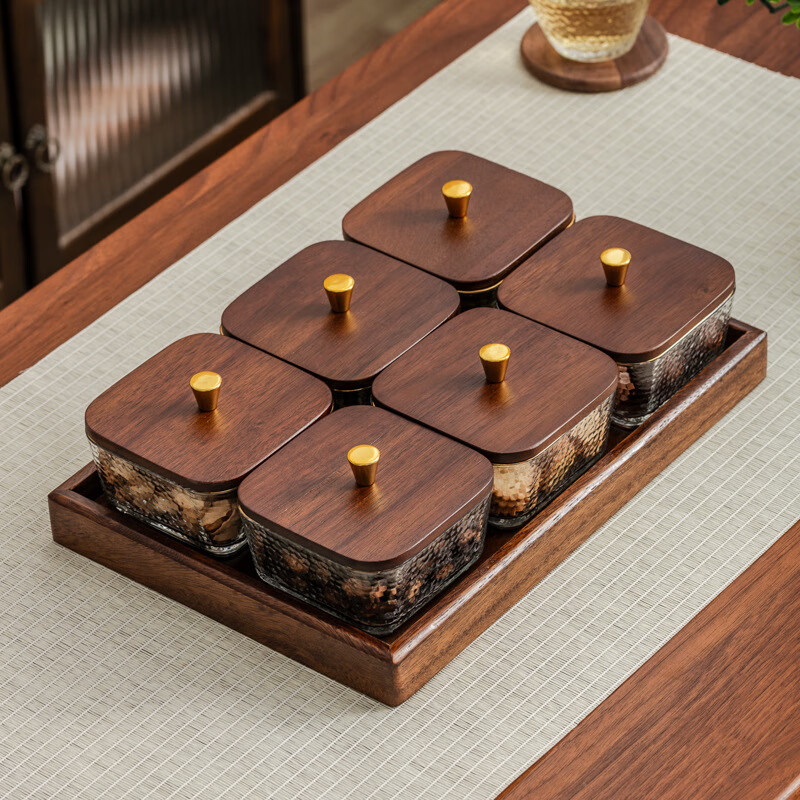 Yunya walnut light luxury fruit plate, high-end snack nut plate, divided solid wood dried fruit plate, coffee table, snack candy plate, six-lattice hammered gold-rimmed fruit plate + walnut lid + base 1 set