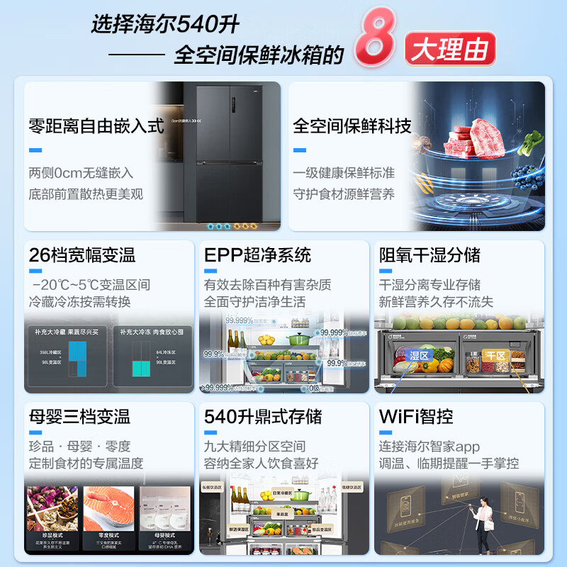 Haier refrigerator 540 liters zero built-in four-door cross door double-door double door first-class energy efficiency dual frequency conversion air-cooled frost-free ultra-thin ultra-large capacity household appliances state subsidy 540L + full space freshness + EPP ultra-clean + wide-width variable temperature greenhouse