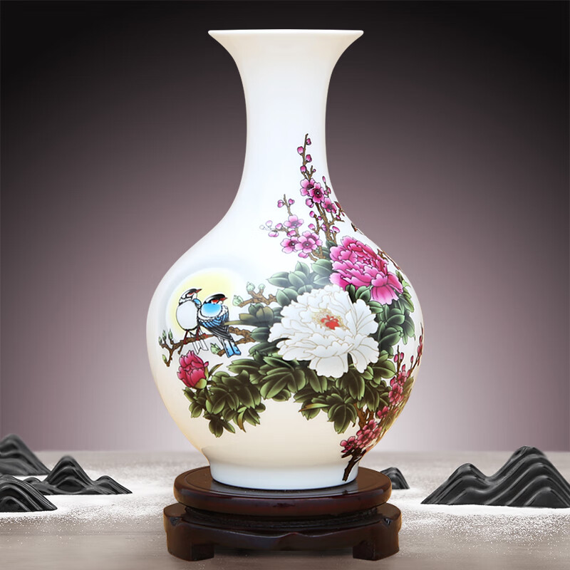 Proud Jingdezhen ceramic small vase, new Chinese-style handicrafts, living room decorations, wine cabinet, office rack decorations, accompanying vase appreciation (with wooden rotating base)