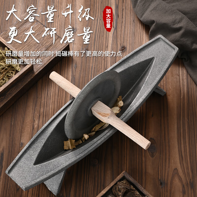 Baiyada Chinese medicine roller, medicine grinding groove, medicine ship, cast iron medicine twister, groove tool crusher, old-fashioned pig iron manual grinder, extended 52cm*14cm, thickened and weighted wheel, 6 kg wooden stick