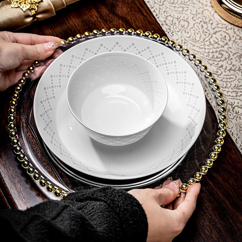 Rich Jade Ceramics Jingdezhen tableware complete set of underglaze colored exquisite porcelain bowls high-end household pure white dishes set Xingyao 16 pieces