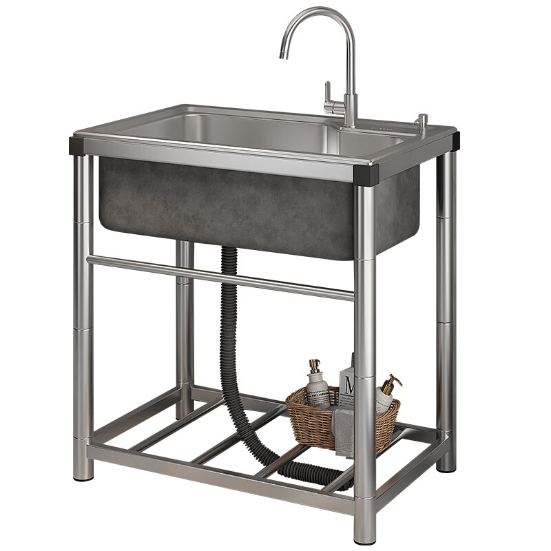 Outdoor courtyard stainless steel sink large single tank outdoor pool yard basin integrated with bracket garden wash basin 304 extra thick length 60 width 45 height 75 (hot and cold faucet