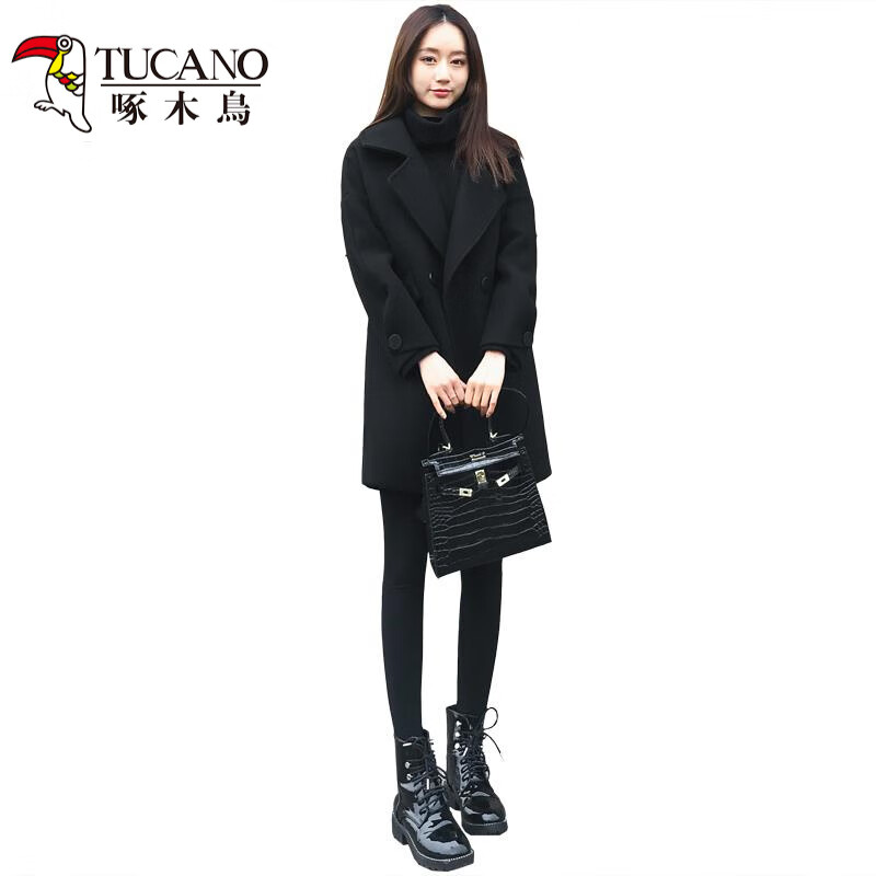 Woodpecker woolen coat for women, high quality, autumn and winter, large size, loose, mid-length, slim woolen coat, black cashmere coat, black style, regular L, recommended 100-120 pounds