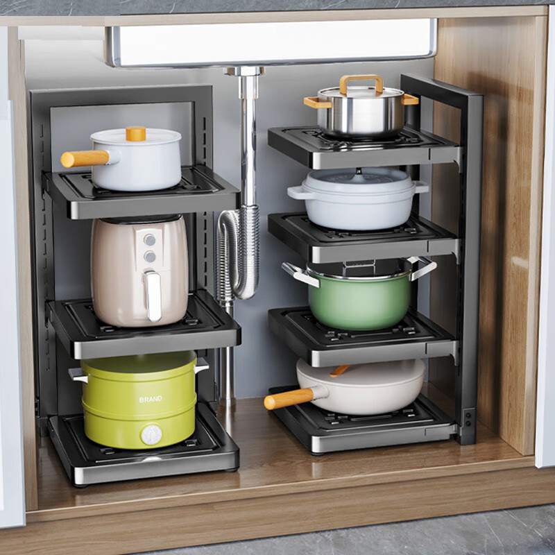 Multi-layer home kitchen kitchen shelf multi-layer household multi-functional cabinet under sink pot stove layered pot rack storage adjustable gun gray layer distance can be adjusted 3 layers