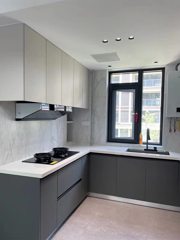 Integrated cabinets, whole house custom style quartz stone countertops, Bunny Soundar pet Eiger plate customization, cabinet door PET white + cabinet ecological board + countertop quartz 1 meter