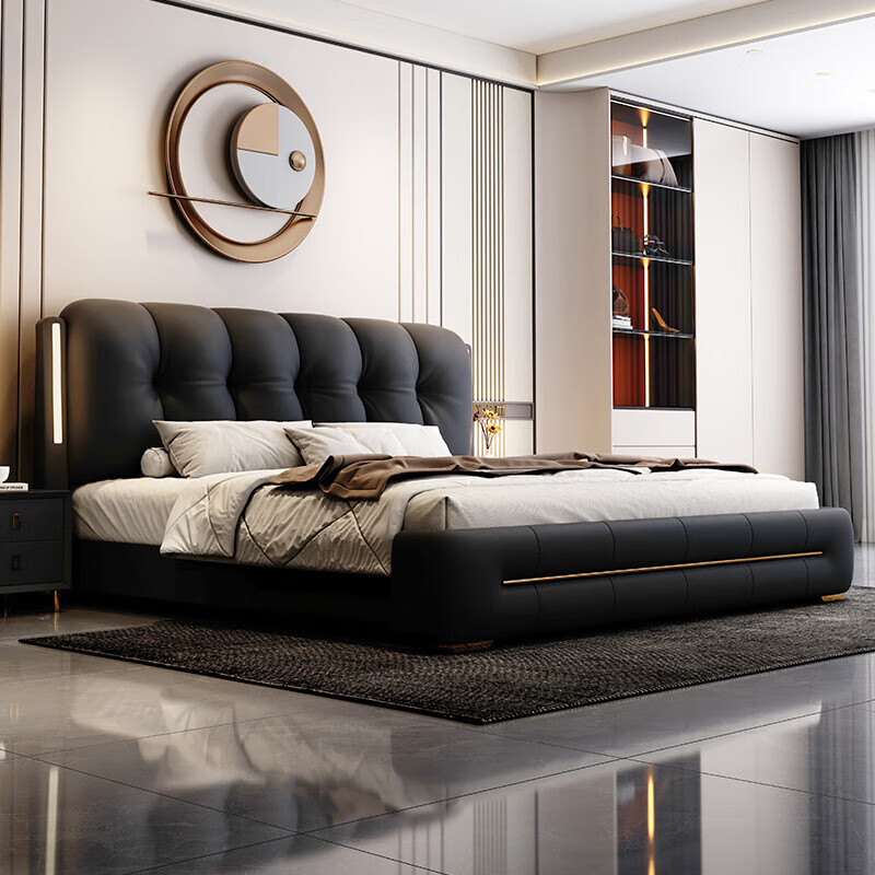 Tangjiang Youth Bed Italian light luxury Napa leather double bed 1.8*2.0m master bedroom wedding bed modern storage simple wedding bed leather bed + cashmere latex spring mattress 2000*2200mm frame structure