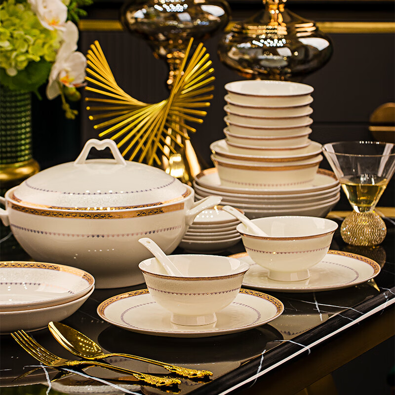 Wuzhili European-style Jingdezhen bone china tableware set, light luxury and high-end, complete set of ceramic bowls, plates, chopsticks, housewarming gift, with pot, high temperature, non-fading, gift box, 40 pieces