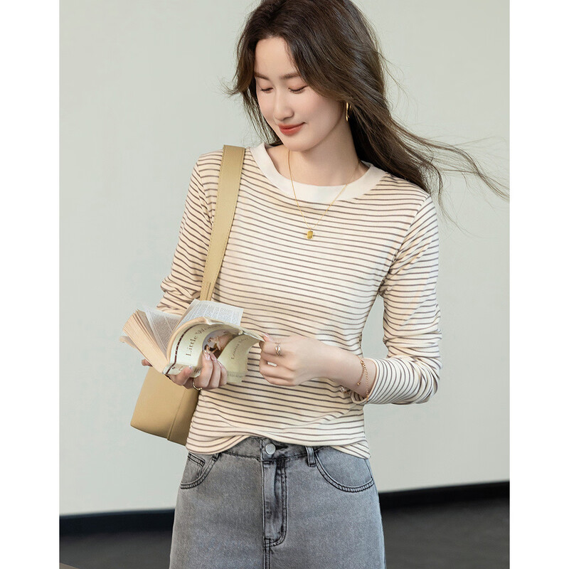 Demana relax and unwind spring high-intelligence round-neck striped bottoming shirt gentle and skin-hiding long-sleeved women's T-shirt