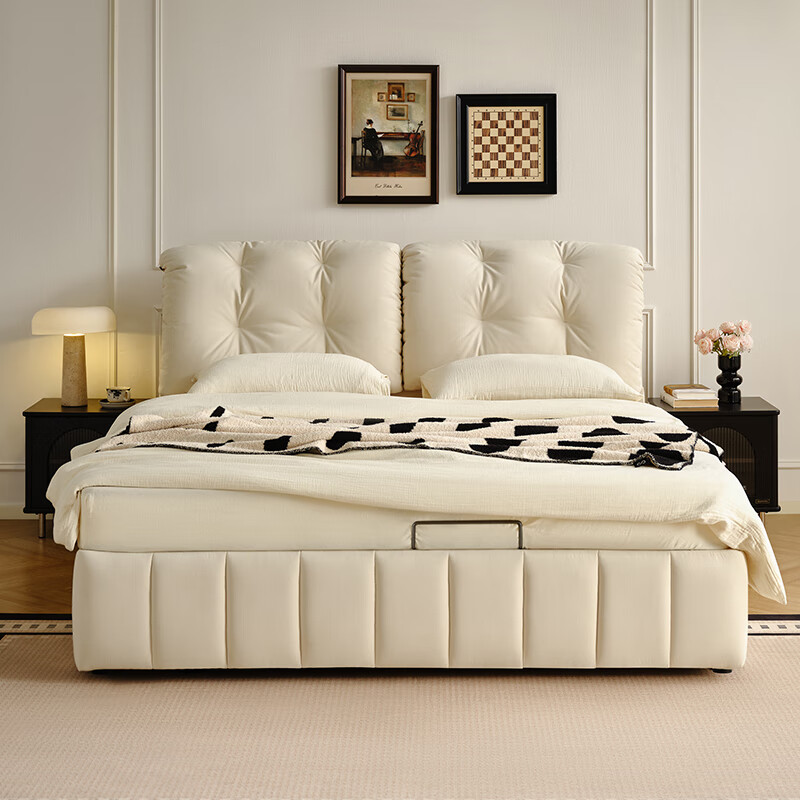 Quanyou Home Cream Style Fabric Upholstered Double Bed 1.8m x 2m Master Bedroom High Box Storage Floor Bed