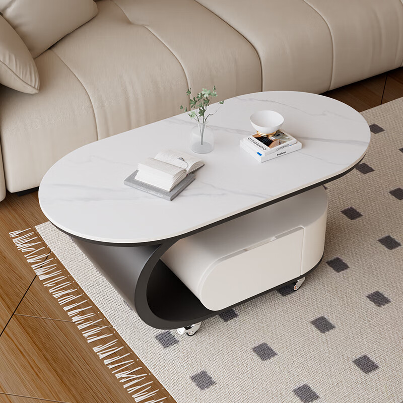 Small style coffee table for living room, small-sized coffee table for living room, light luxury and high-end living room, simple removable cream style side table, black and white coffee table + snow mountain white desktop 100*50*45