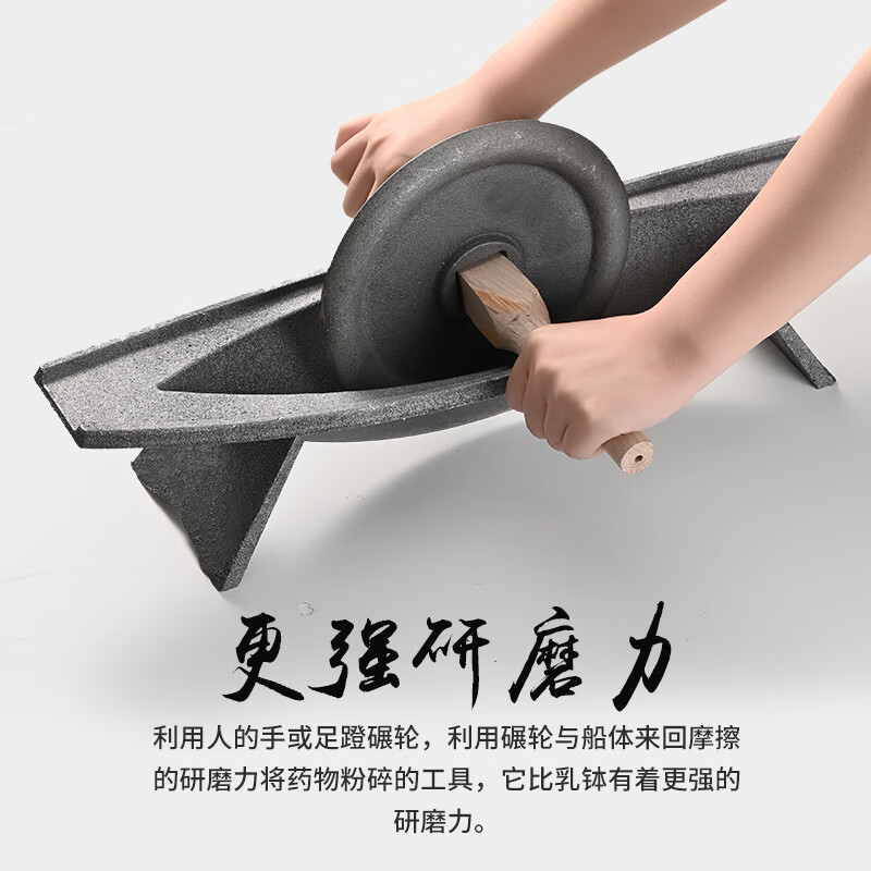 Baiyada Chinese medicine roller, medicine grinding groove, medicine ship, cast iron medicine twister, groove tool crusher, old-fashioned pig iron manual grinder, extended 52cm*14cm, thickened and weighted wheel, 6 kg wooden stick