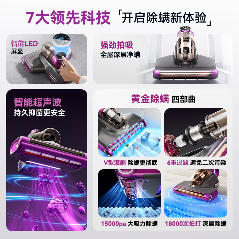 Konka Mite Remover Bed Sterilization High Suction Wireless Pregnant Women and Infants Home Suction Cat Hair New Year's Goods Company Year-end Prize Professional Grade Ultraviolet Vacuum Vacuum and Mite Removal All-in-One Machine 15,000pa Suction Power丨99% Mite Removal Rate丨Purple K03