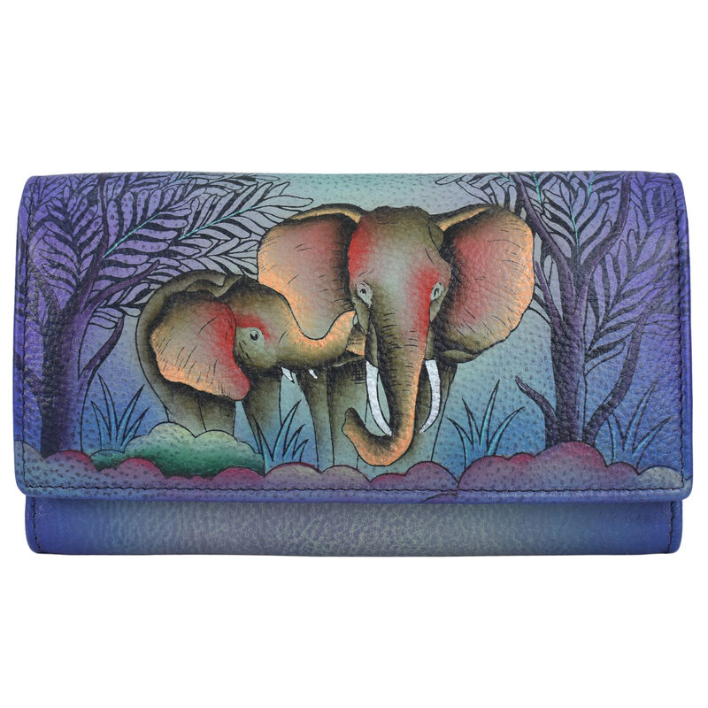 Anna by Anuschka Women's Elephant Family Hand-painted Genuine Leather RFID Multi-Slot Long Wallet Retro Style Elephant Family Single Size