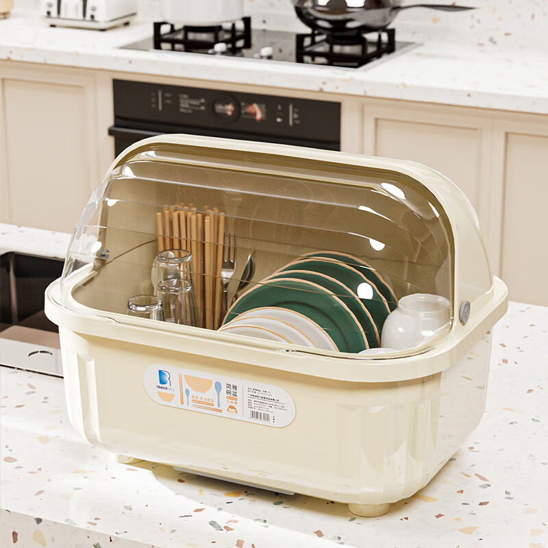 Liangbao bowl rack drain cupboard with cover for dishes, dishes, cutlery box, bowl box, home kitchen dishware rack, bowl and basin, main picture, large flip cover, about 6-10 people, milky white