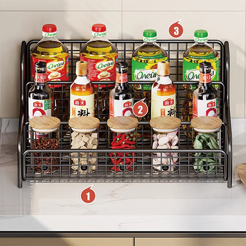 All for the kitchen spice rack countertop multifunctional household spice rack salt seasoning box jar multi-layer storage shelf elegant black two-layer large size shipped in one