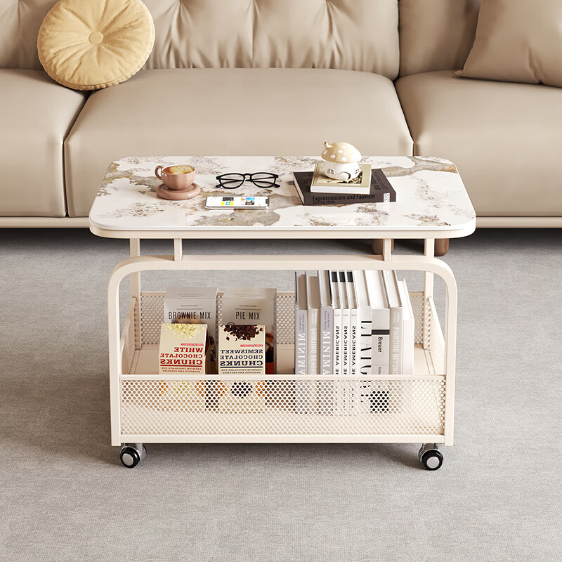 Longyueli sofa side table and side cabinet movable coffee table light luxury and high-end living room trolley bedside shelf side tea table apricot shelf bright snow mountain white slate 80*40*60