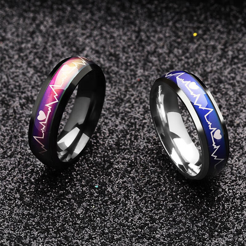 Titanium Steel Temperature Sensing ECG Ring Ring Female Heartbeat Couple Stainless Steel Ring Temperature Sensing Ring Blue and White No. 11