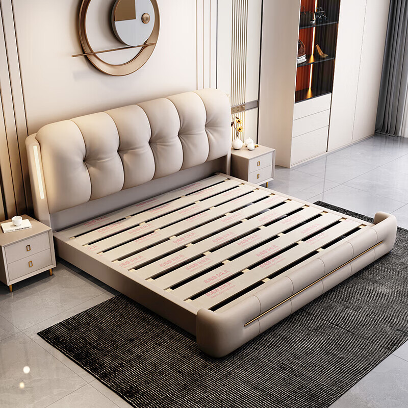 Tangjiang Youth Bed Italian light luxury Napa leather double bed 1.8*2.0m master bedroom wedding bed modern storage simple wedding bed leather bed + cashmere latex spring mattress 2000*2200mm frame structure