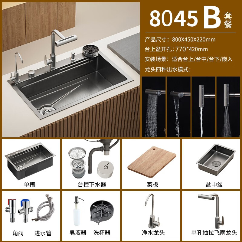 TOTO left drainage household sink 304 stainless steel under-counter washbasin millet honeycomb gun gray large single tank thickened 5MM left row B-8045 recommended Raindance faucet