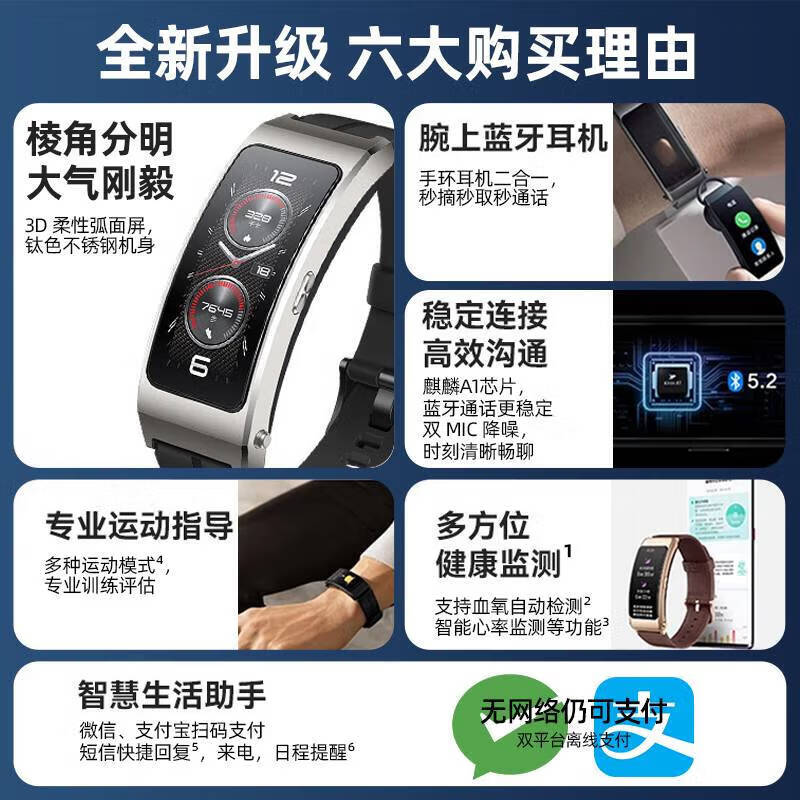Huawei Annual Meeting Gifts Huawei Band B7 Smart Call Sports Watch Adult Bluetooth Headset Two-in-One Blood Oxygen Heart Rate Sleep B6 Waterproof Smart Car Mount for Men and Women Dual Watch Straps Obsidian Black + Silent Blue Crocodile Belt