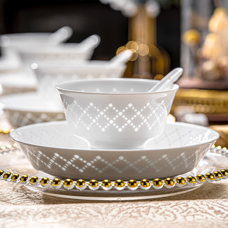 Rich Jade Ceramics Jingdezhen tableware complete set of underglaze colored exquisite porcelain bowls high-end household pure white dishes set Xingyao 16 pieces