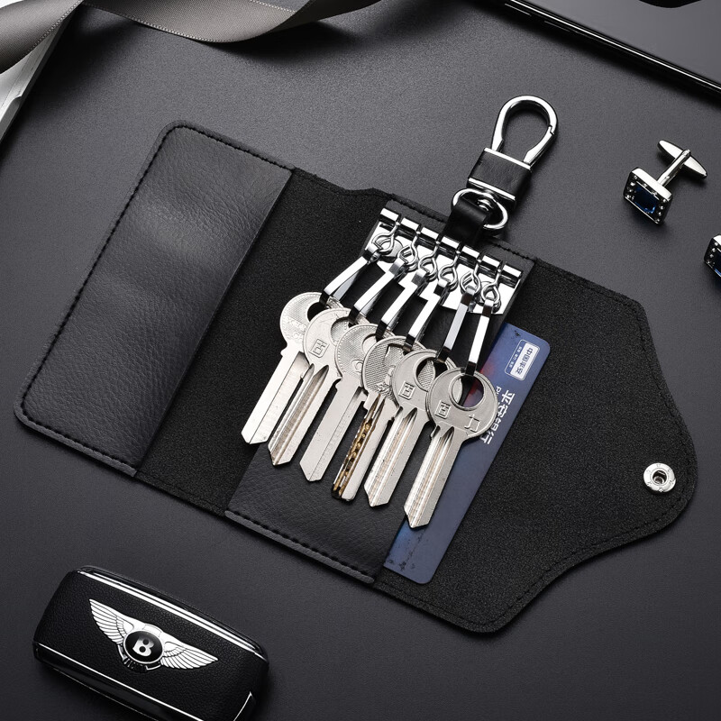 Dingtianliying genuine leather key bag large capacity clutch bag men's leather waist hanging key bag women's multi-functional key chain hanging buckle version - black