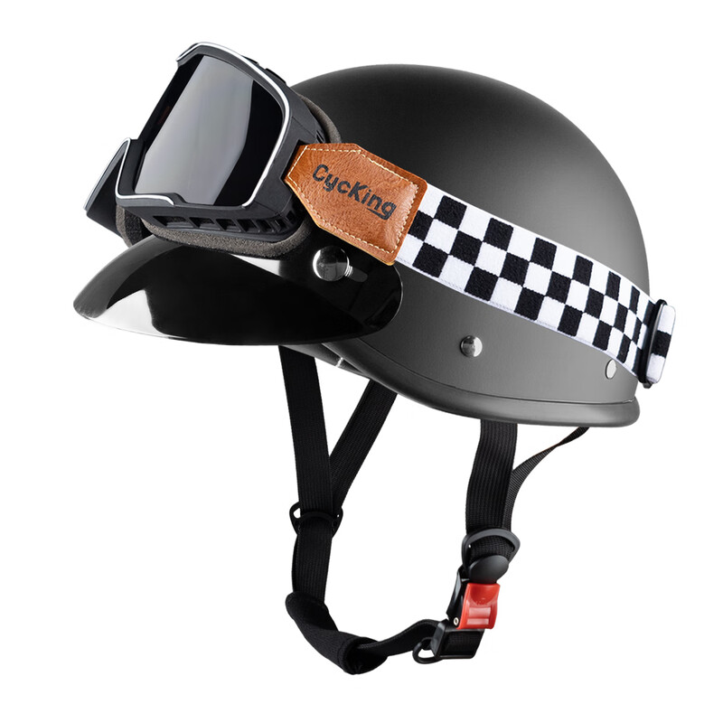 CYCKING New National Standard 3C Certified Motorcycle Helmet for Men and Women Electric Vehicle Retro Half Helmet Battery Vehicle Safety Hat Universal for All Seasons Summer Model Matt Black + Plaid Goggles + Face Mask XL (59-60) Summer Model is One Size 55-62