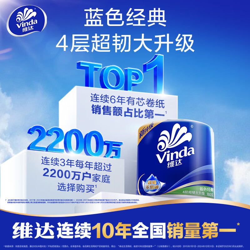 Vinda cored roll paper blue classic 4-layer 160g*27 rolls thick, tough and durable toilet paper roll paper towels full box