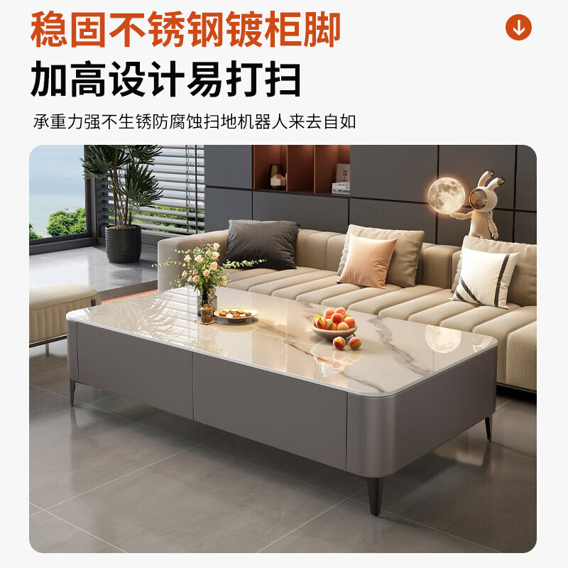 Huixun slate coffee table living room light luxury high-end mobile solid wood coffee table small apartment simple home TV cabinet combination 120*60 snow mountain white slate solid wood gray cabinet