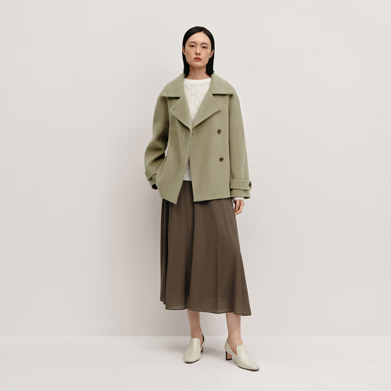 OVV Autumn and Winter Hot Sale Women's Simple Fashionable Lapel Short Warm Wool Double-sided Wool Coat Matcha Green L