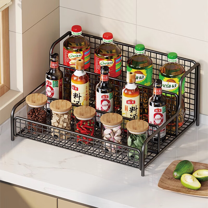 All for the kitchen spice rack countertop multifunctional household spice rack salt seasoning box jar multi-layer storage shelf elegant black two-layer large size shipped in one