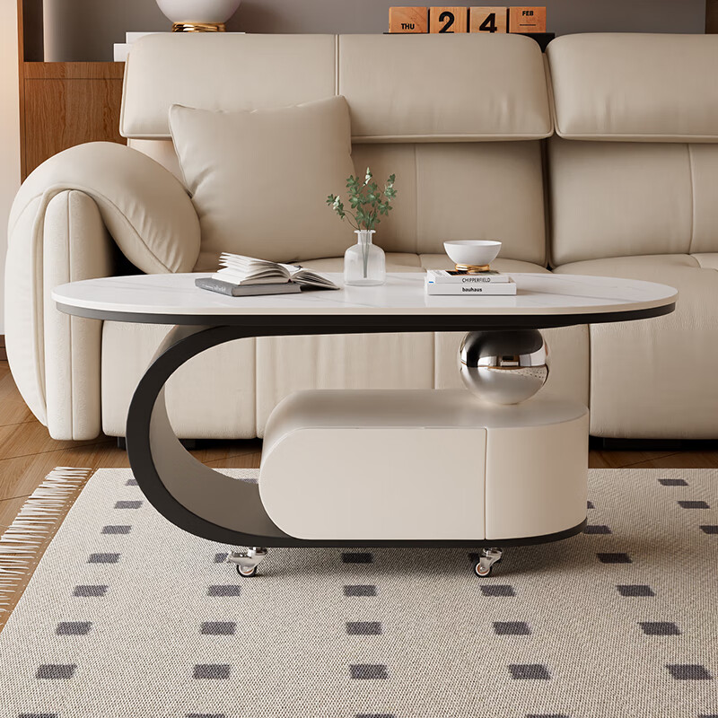 Small style coffee table for living room, small-sized coffee table for living room, light luxury and high-end living room, simple removable cream style side table, black and white coffee table + snow mountain white desktop 100*50*45
