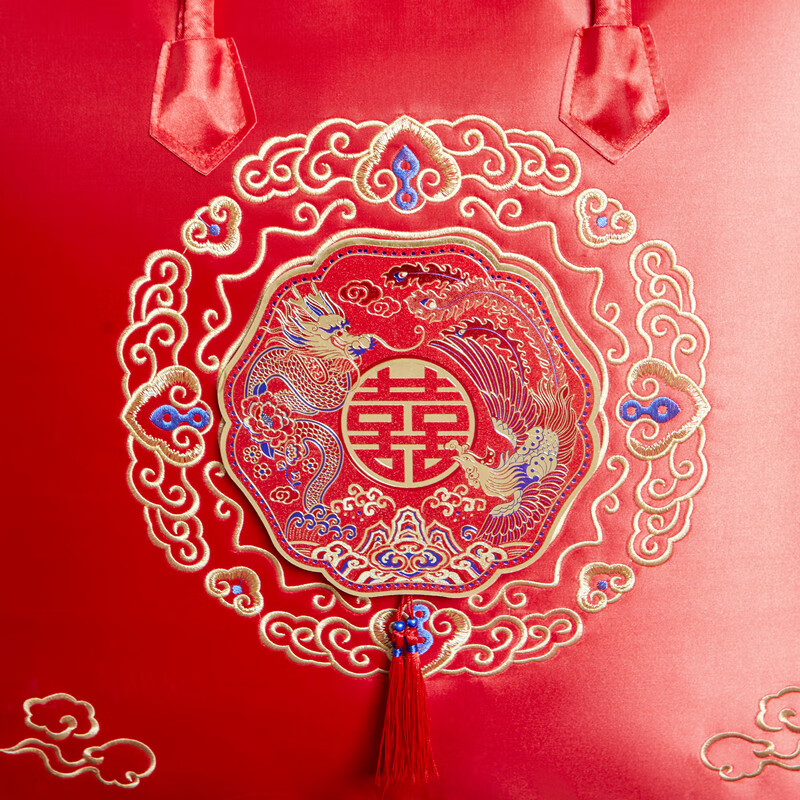 Miaopule high-end wedding four-piece set of packaging bags, wedding dowry, red wedding quilt, cotton quilt storage bag, Dragon and Phoenix Chengxiang (double handles, hand embroidery), extra large size 60*50*35 (8-12 catties quilt)