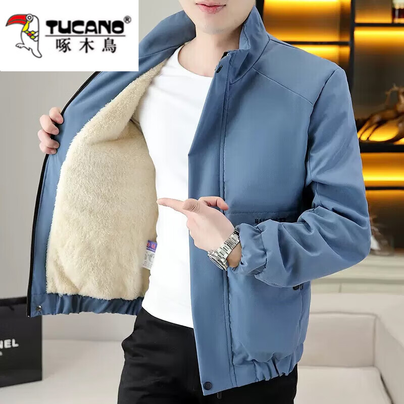 Woodpecker jacket men's autumn and winter 2025 velvet thickening trendy handsome casual versatile jacket tops young men's clothing K108/velvet/beige L