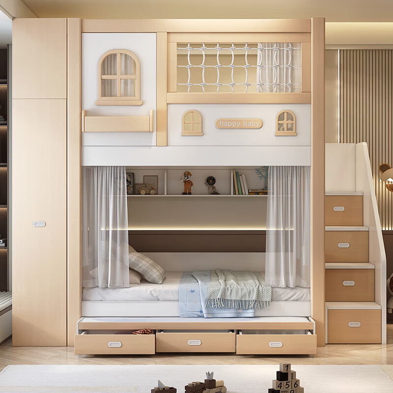 Lukashi children's bed solid wood bunk bed high and low bed for boys and girls bunk bunk bunk bed princess bed noble American style high and low bed + ladder cabinet + 2 mattresses 1.5*1.9 meters (upper and lower same width)