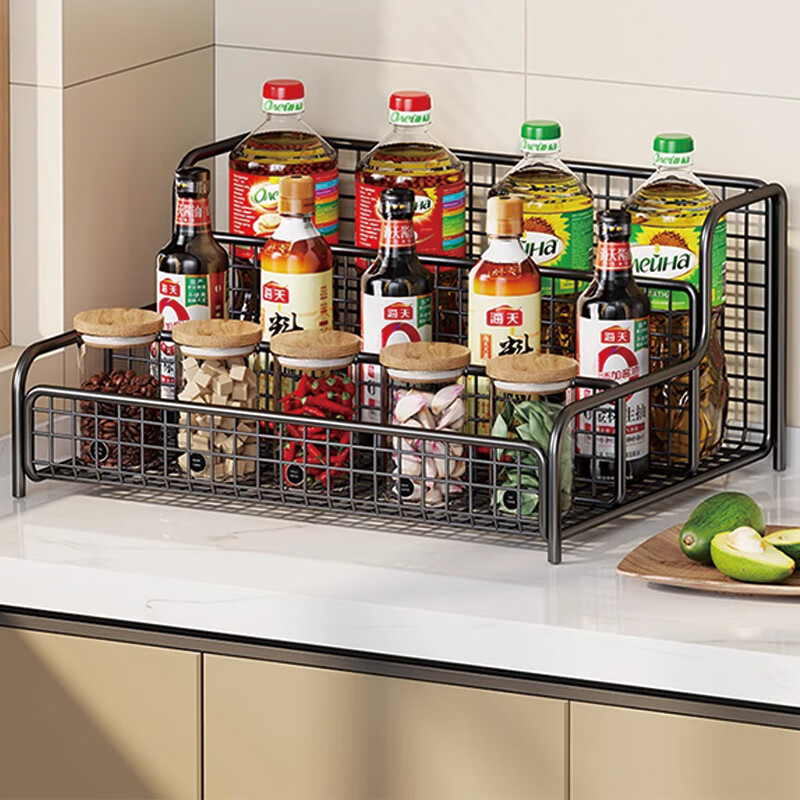 All for the kitchen spice rack countertop multifunctional household spice rack salt seasoning box jar multi-layer storage shelf elegant black two-layer large size shipped in one