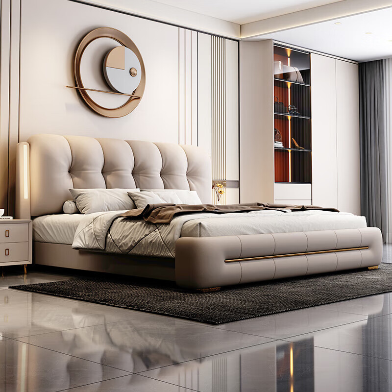 Tangjiang Youth Bed Italian light luxury Napa leather double bed 1.8*2.0m master bedroom wedding bed modern storage simple wedding bed leather bed + cashmere latex spring mattress 2000*2200mm frame structure