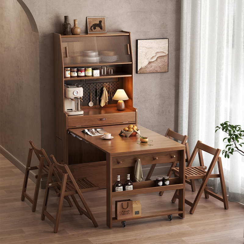 Winter wood solid wood sideboard and dining table integrated home small apartment wall-mounted living room storage cabinet retractable folding island dining table sideboard and dining table integrated-walnut color bull socket