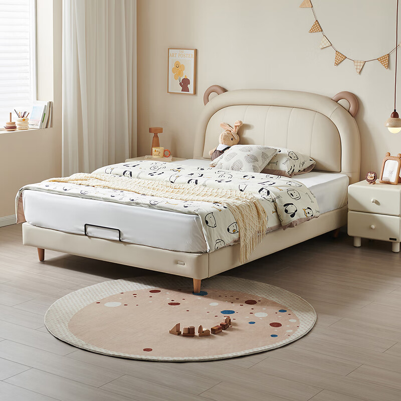 Quanyou teenagers and children leather art bed bedroom home 1.5 meters modern simple style solid wood feet soft package single bed