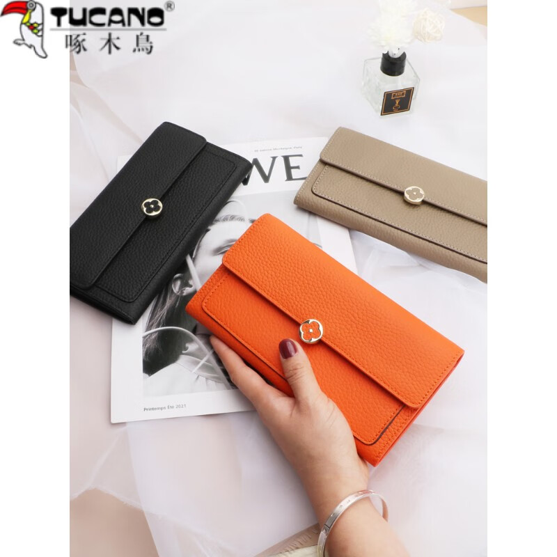 Woodpecker (TUCANO) new 2025 niche design genuine leather long wallet women's fashion clutch large capacity wallet for mobile phone orange (first layer of cowhide inside and outside)