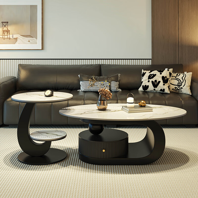 Manshun new oval slate coffee table modern simple living room home light luxury high-end small apartment with drawer combination combination black cabinet fish belly white 100*60 + side table 50